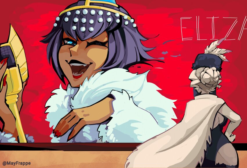2girls black_dahlia black_hair bob_cut braid braided_bun cape character_name coat dark-skinned_female dark_skin derivative_work dress elbow_gloves eliza_(skullgirls) frilled_thigh_strap from_behind fur_coat fur_har gloves grey_hair hair_bun hand_on_own_hip highres mayfrappe microphone microphone_stand multiple_girls mural open_mouth portrait_(object) red_lips red_nails short_hair skullgirls smile thigh_strap tiara veil