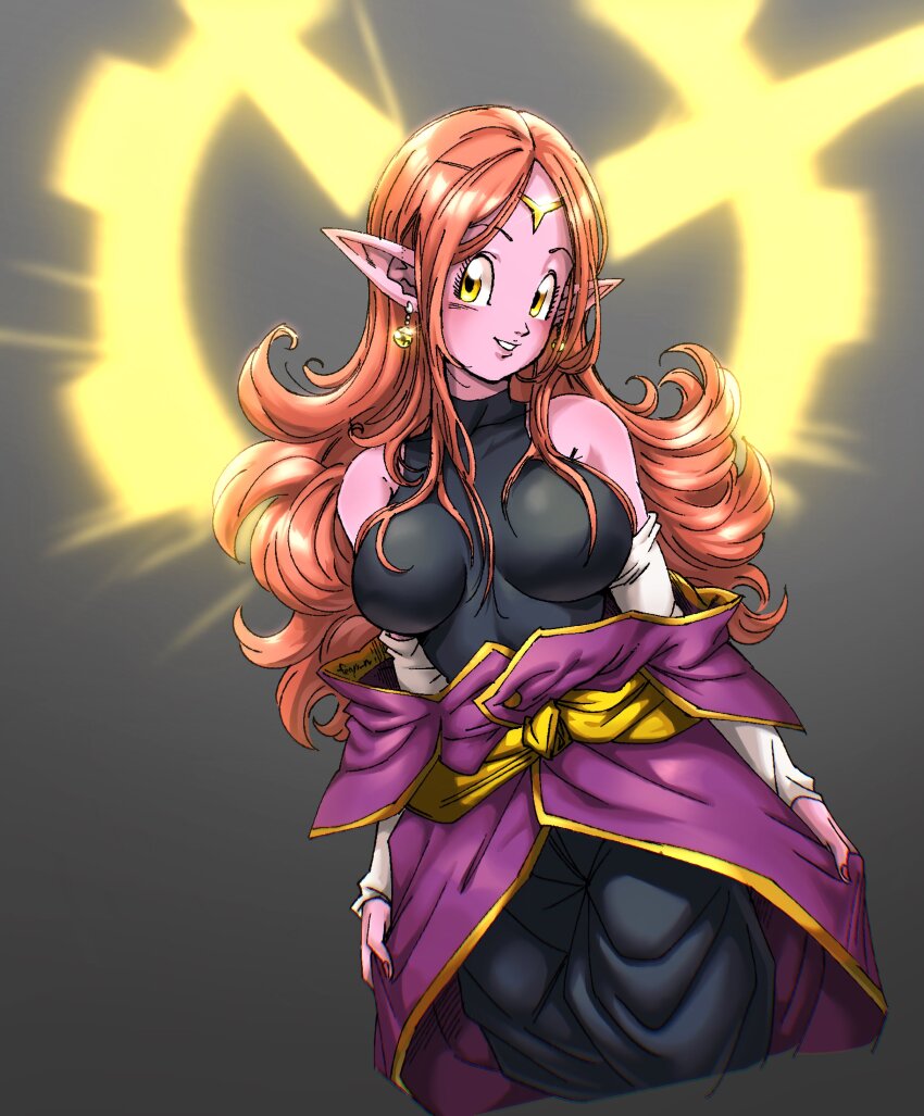 1girl absurdres blush breasts chronoa colored_skin dragon_ball dragon_ball_heroes dragon_ball_xenoverse fenyon happy highres long_hair looking_at_viewer pea-bean pink_hair purple_skin smile solo super_dragon_ball_heroes toriyama_akira_(style) yellow_eyes