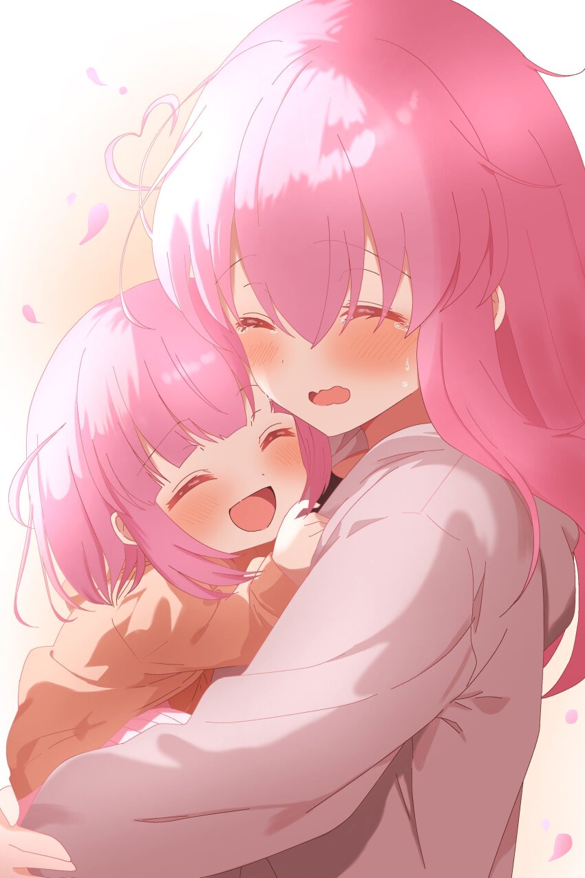 ^_^ absurdres ahoge black_shirt blunt_ends blush bocchi_the_rock! brown_background brown_hoodie cardigan carrying child child_carry choppy_bangs closed_eyes commentary_request crying dot_nose falling_petals gotoh_futari gotoh_hitori gradient_background grey_cardigan hair_between_eyes happy happy_tears heart heart_ahoge highres hood hooded_cardigan hoodie hrtahm long_bangs long_hair medium_hair open_cardigan open_clothes open_mouth petals pink_hair pink_skirt pleated_skirt shirt siblings sisters skirt smile straight_hair tears upper_body warm_colored wavy_mouth