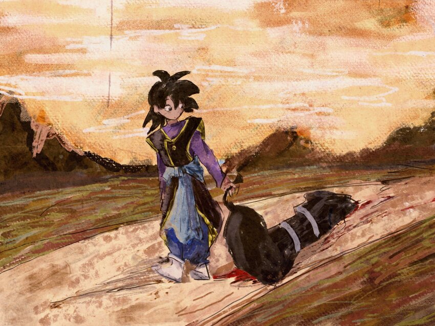 1boy black_eyes black_hair blood blood_on_ground blue_pants blue_sash body_bag boots dragging dragon_ball dragon_ball_super goku_black highres kikuomiku7 long_sleeves looking_at_object pants purple_shirt sash shirt smile solo spiked_hair white_footwear