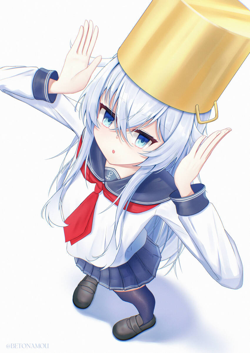1girl absurdres betonamou black_footwear black_thighhighs blue_eyes blue_sailor_collar blue_skirt commentary from_above full_body hibiki_(kancolle) highres kantai_collection long_hair long_sleeves looking_at_viewer neckerchief pleated_skirt pot_on_head red_neckerchief russian_commentary sailor_collar school_uniform serafuku shirt simple_background skirt solo thighhighs white_background white_hair white_shirt