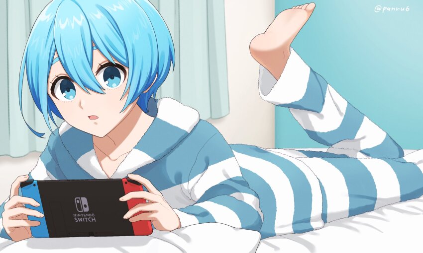 1boy barefoot bed blue_eyes blue_hair blue_lock highres long_sleeves male_focus nintendo_switch open_mouth pajamas panri pants pillow short_hair striped_clothes striped_hood striped_pants toes you_hiori