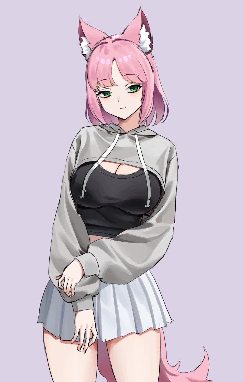 1girl animal_ear_fluff animal_ears black_sports_bra breasts cleavage closed_mouth commentary_request cowboy_shot fox_ears fox_girl fox_tail fujisawa_sorao green_eyes grey_shrug grey_skirt highres large_breasts long_sleeves looking_at_viewer medium_hair miniskirt original pink_hair pleated_skirt puffy_long_sleeves puffy_sleeves purple_background shrug_(clothing) simple_background skirt smile solo sports_bra tail thighs