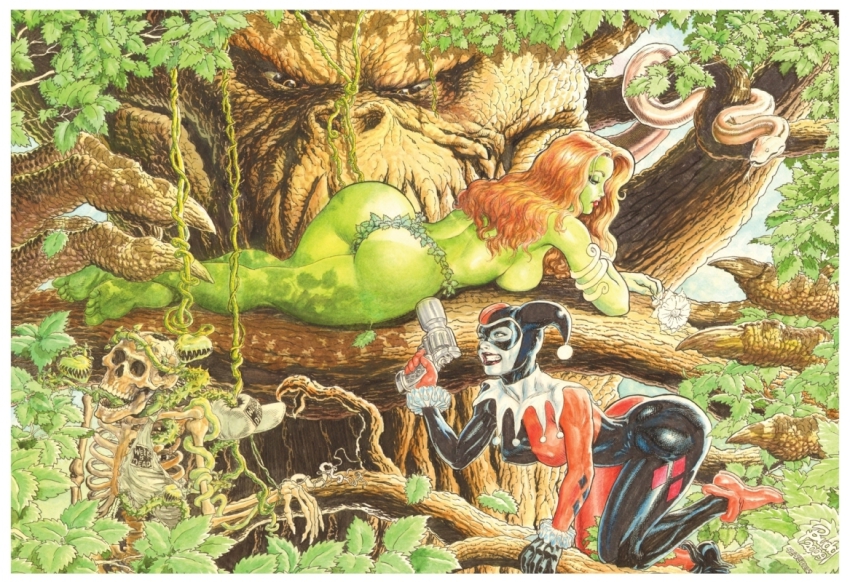 00s 2009 2girls all_fours artist_name barefoot batman_(series) bikini breasts budd_root colored_skin dc_comics domino_mask green_skin grin gun handgun harley_quinn jungle leaf_bikini lipstick lying makeup mask monster multiple_girls nature on_stomach orange_hair outdoors plant poison_ivy red_lips skeleton skull smile snake tagme topless_female tree venus_flytrap weapon