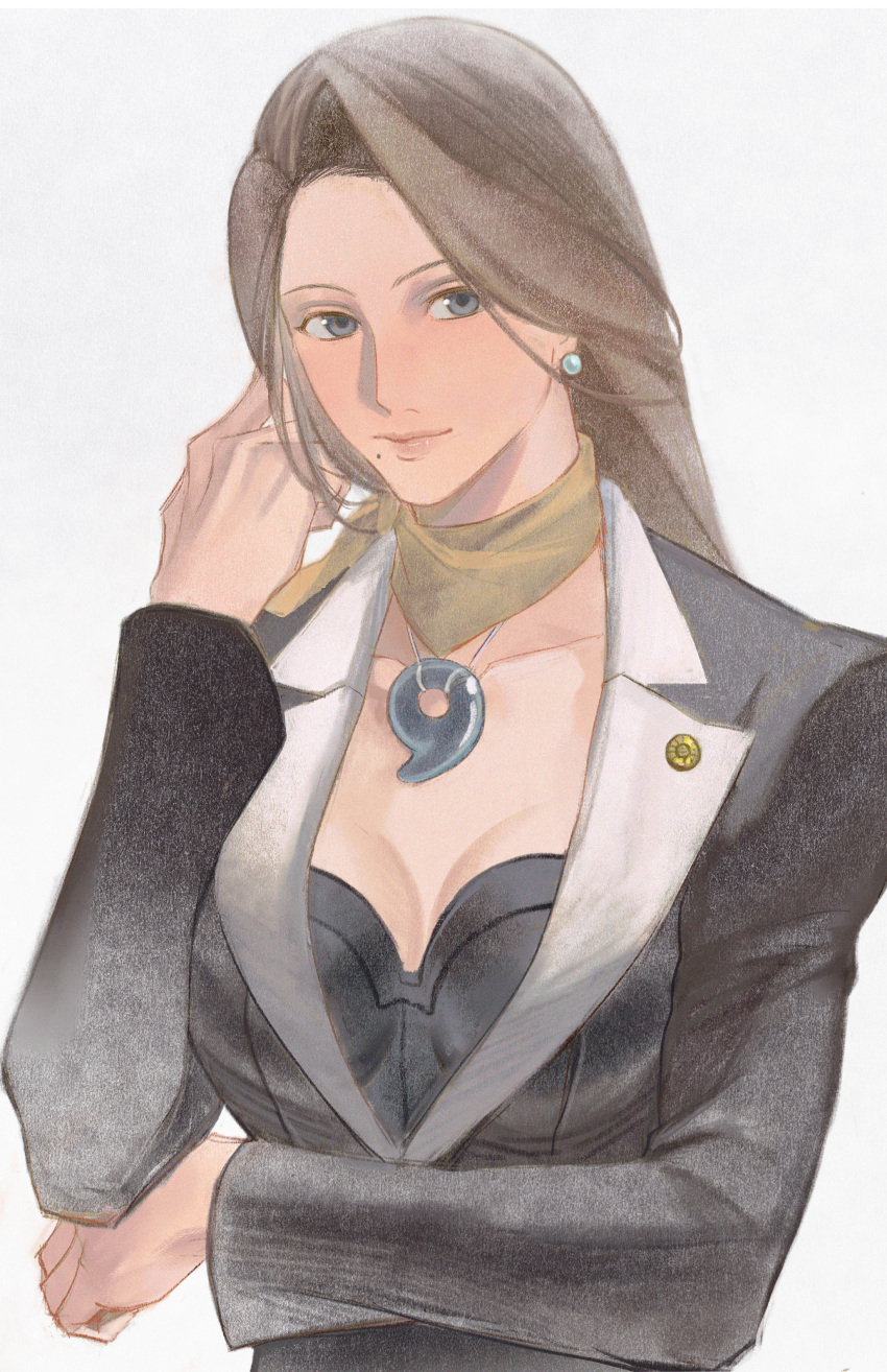1girl absurdres ace_attorney blush formal_clothes highres jewelry long_hair magatama magatama_necklace mia_fey mole necklace phoenix_wright:_ace_attorney phoenix_wright:_ace_attorney_-_justice_for_all phoenix_wright:_ace_attorney_-_trials_and_tribulations scarf simple_background sio2_(whynotkarma) solo suit yellow_scarf