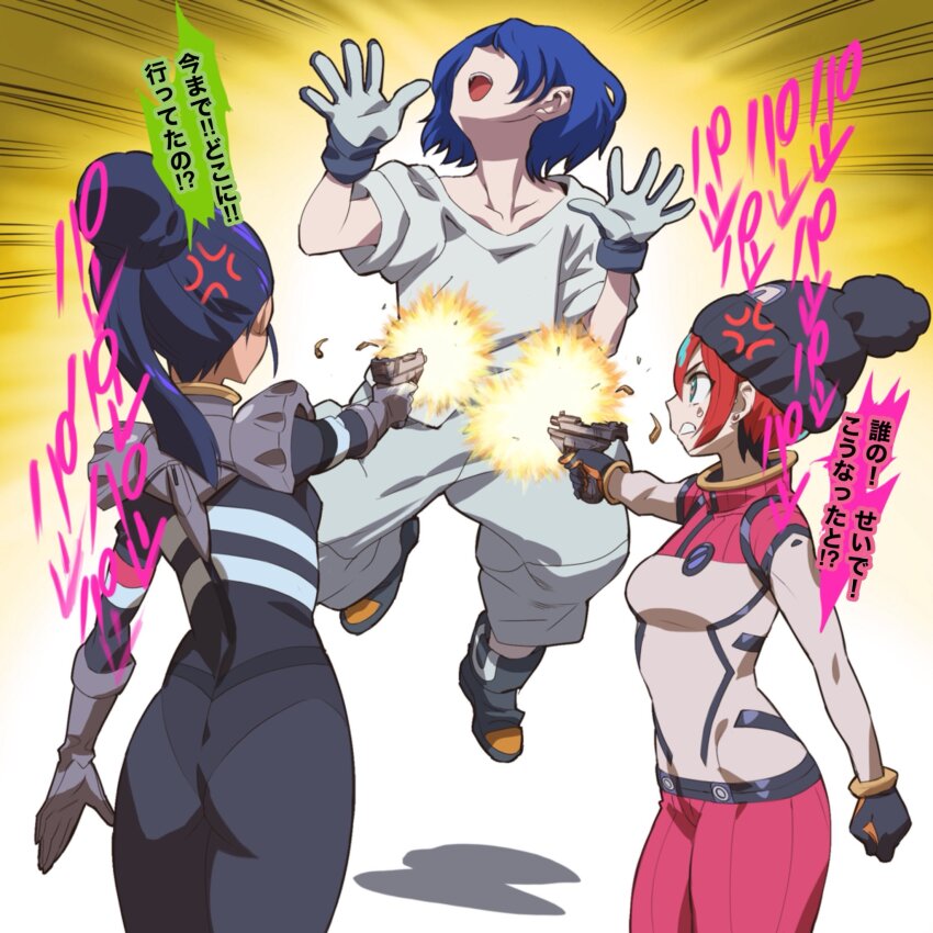 1boy 2girls aiming amate_yuzuriha anger_vein aqua_eyes aqua_shirt aqua_skirt black_hair blue_hair bodysuit breasts closed_mouth finger_on_trigger firing gloves gun gundam gundam_gquuuuuux hair_bun handgun hat highres holding holding_gun holding_weapon keuma long_hair multicolored_hair multiple_girls nyaan_(gundam_gquuuuuux) open_mouth purple_hair red_hair shirt short_hair shuji_ito skirt speech_bubble translation_request two-tone_hair weapon white_shirt