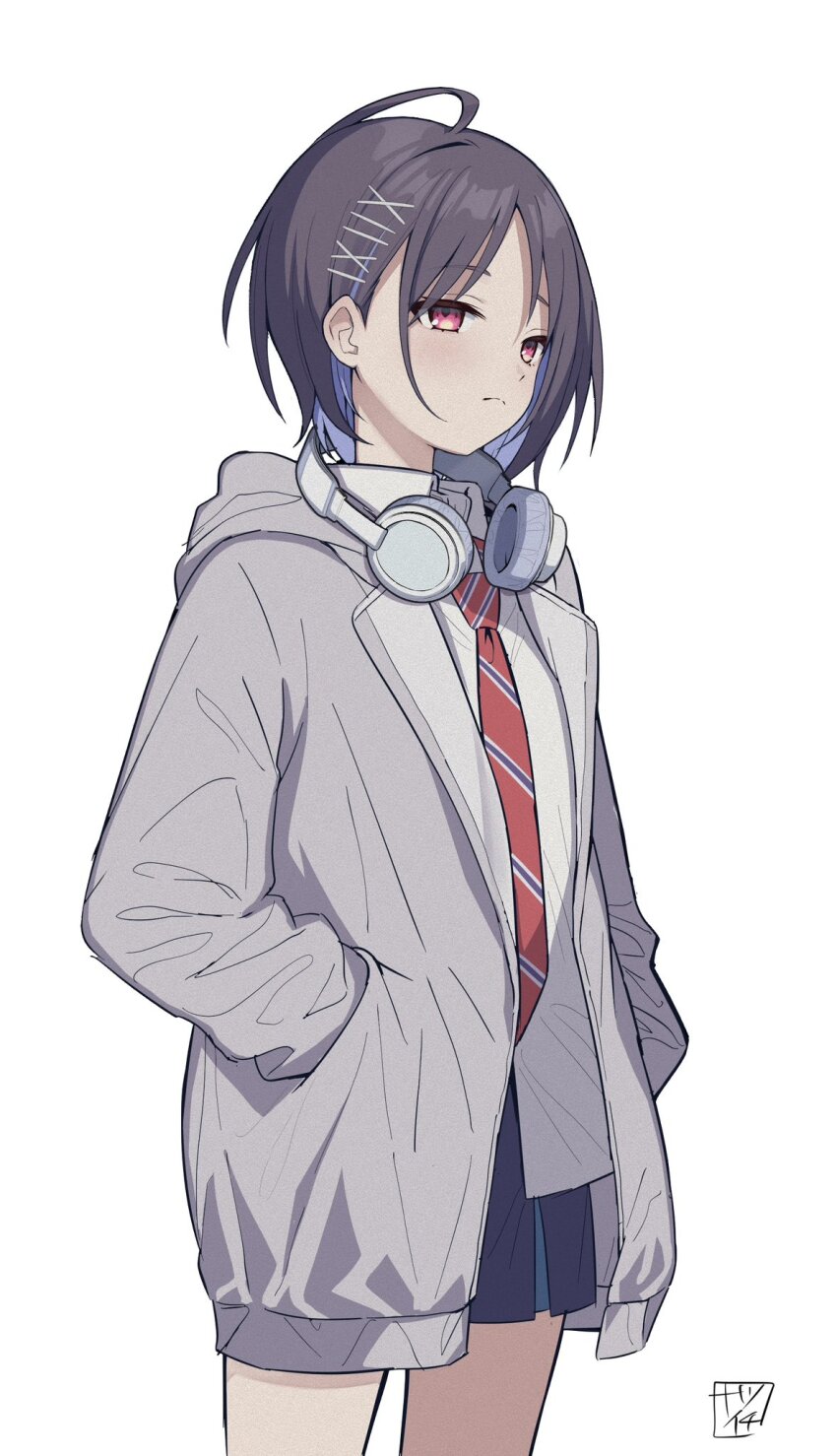 1girl black_hair blue_skirt closed_mouth commentary_request cowboy_shot dddd_akagi expressionless gakuen_idolmaster grey_jacket hair_ornament hairclip half-closed_eyes hands_in_pockets headphones headphones_around_neck highres hood hooded_jacket idolmaster jacket long_sleeves mashiro_yu necktie red_eyes red_necktie school_uniform shirt short_hair signature skirt solo thighs white_background white_shirt