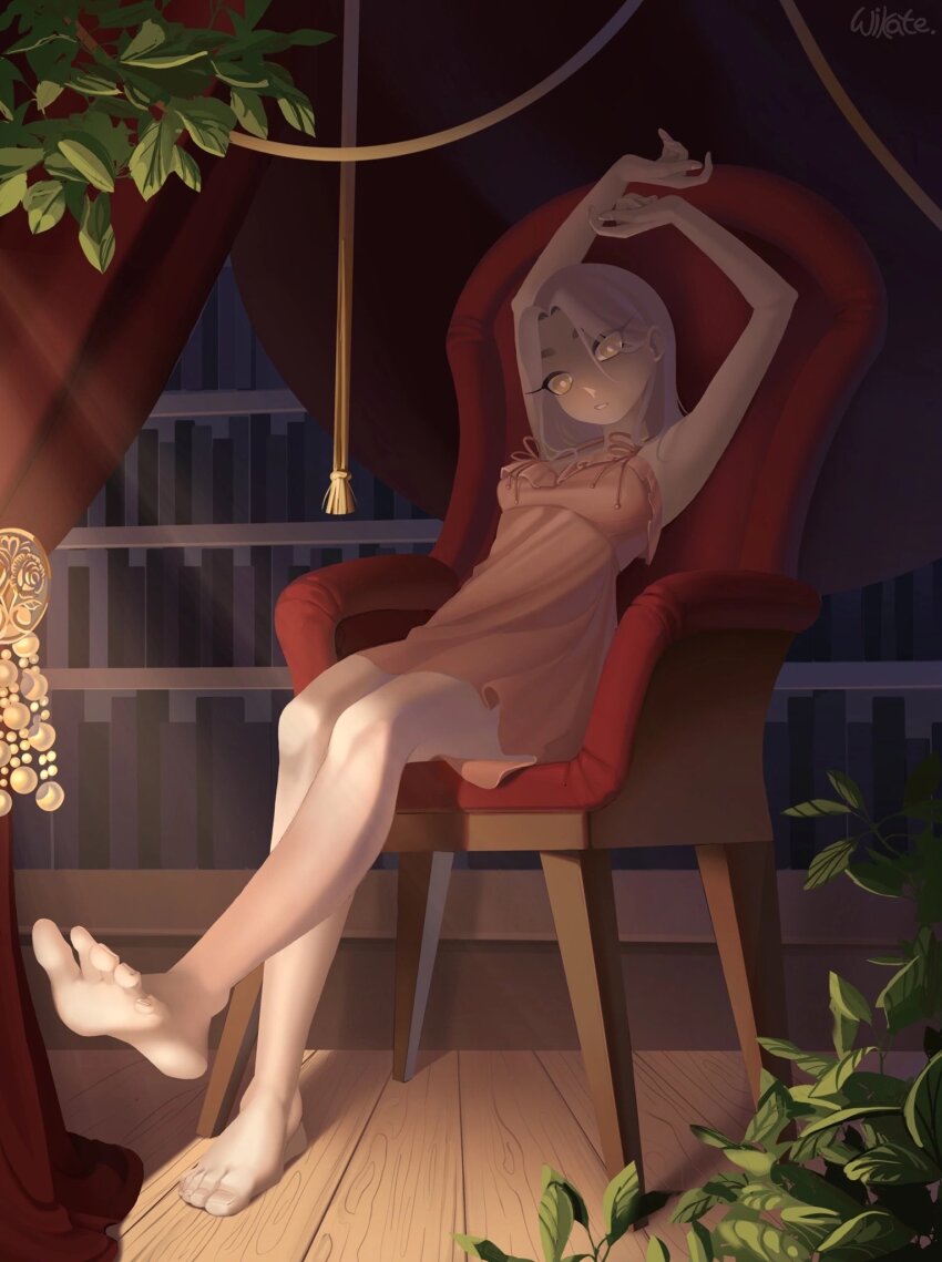 1girl armchair armpits arms_up bare_arms bare_legs bare_shoulders barefoot book bookshelf breasts bright_pupils chair cleavage commentary commission dress english_commentary feet flower full_body grey_hair head_tilt highres indoors long_hair on_chair original parted_lips pink_dress pink_ribbon plant pleated_dress potted_plant ribbon rose short_dress sitting soles solo spaghetti_strap straight_hair toenails toes white_pupils wikate wooden_floor ych_commission yellow_eyes