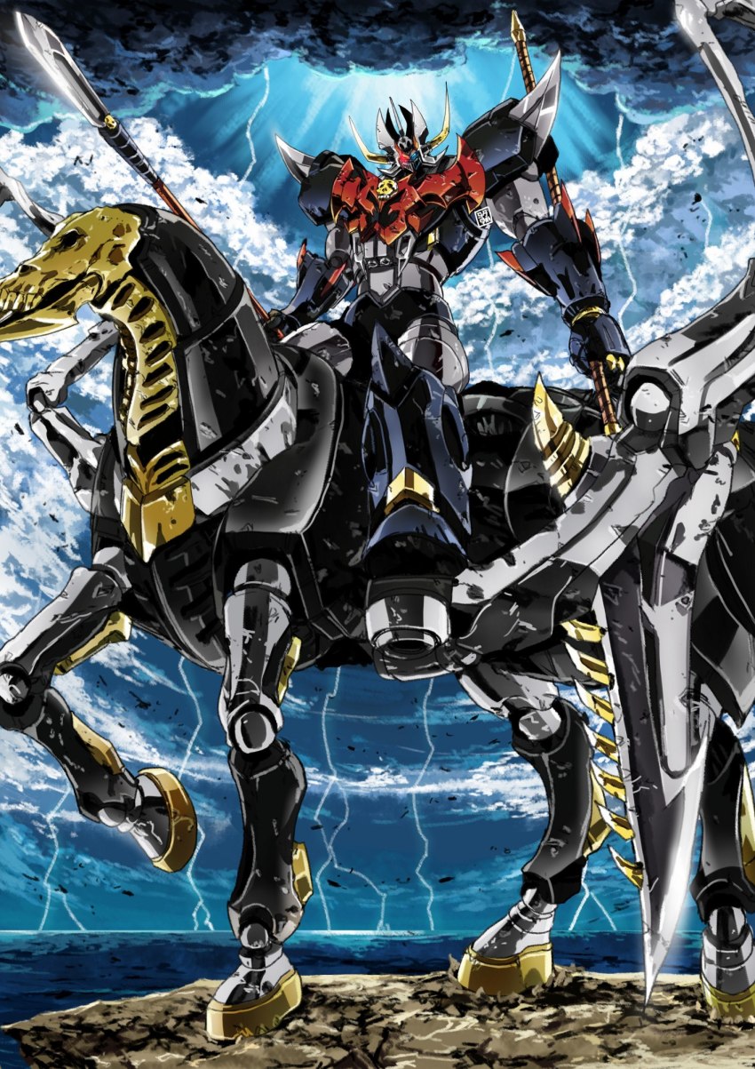 blue_eyes dual_wielding garimpeiro glowing glowing_eyes heterochromia highres holding holding_polearm holding_spear holding_weapon horseback_riding lightning lightning_bolt_symbol looking_at_viewer looking_down mazinger_(series) mazinkaiser_skl mazinkaiser_skl_(mecha) mecha mecha_focus polearm red_eyes riding robot skeleton_horse skl-rr spear storm super_robot weapon