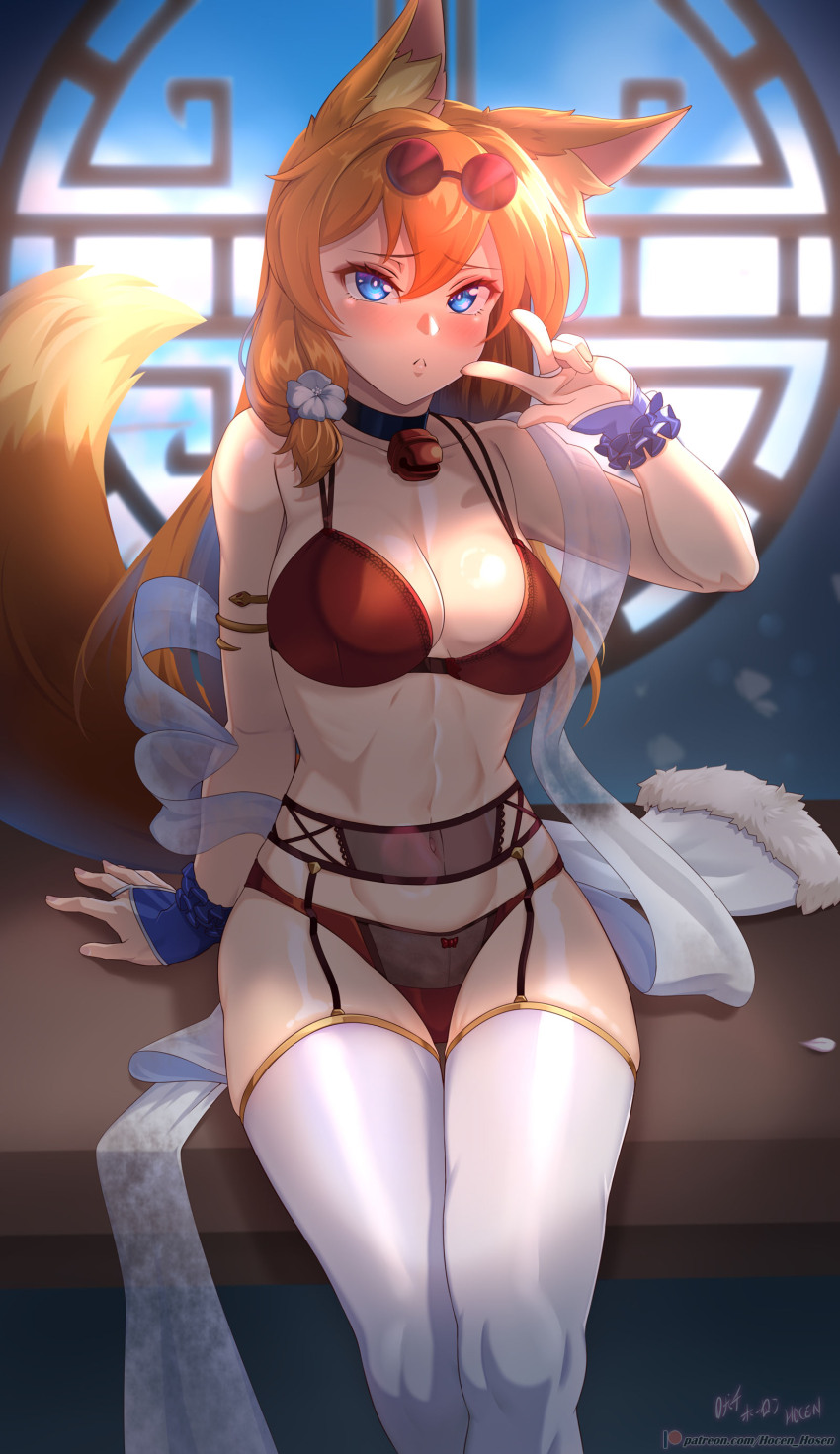 1girl :&lt; absurdres animal_ear_fluff animal_ears arm_support bare_shoulders bell black_choker black_shrug blue_eyes blue_scrunchie blush bra breasts choker cleavage closed_mouth commentary commentary_request covered_navel cowboy_shot english_commentary eyelashes eyewear_on_head fox_ears fox_girl fox_tail garter_belt grin highres indoors jingle_bell kitsu_(vilde_loh_hocen) large_variant_set looking_at_viewer mixed-language_commentary navel neck_bell on_table orange_hair original panties red-tinted_eyewear red_bra red_panties scrunchie shrug_(clothing) sitting skindentation sleeveless_shrug smile solo table tail teeth thighhighs thighs tinted_eyewear toned toned_female turtleneck_shrug underwear upper_teeth_only variant_set vilde_loh_hocen w watermark web_address white_thighhighs wrist_scrunchie