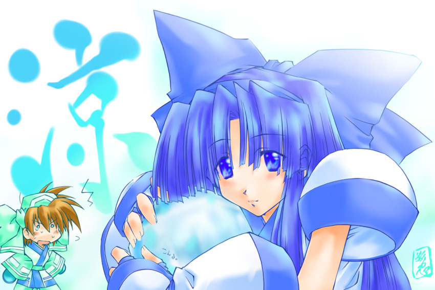 2girls ainu_clothes artist_name blue_eyes blue_hair brown_hair fingerless_gloves gloves hug kageyama_shinobi konril lips long_hair multiple_girls nakoruru o_o open_mouth pants rimururu samurai_spirits short_hair siblings sisters smile snk surprised sweatdrop thighs tongue white_eyes