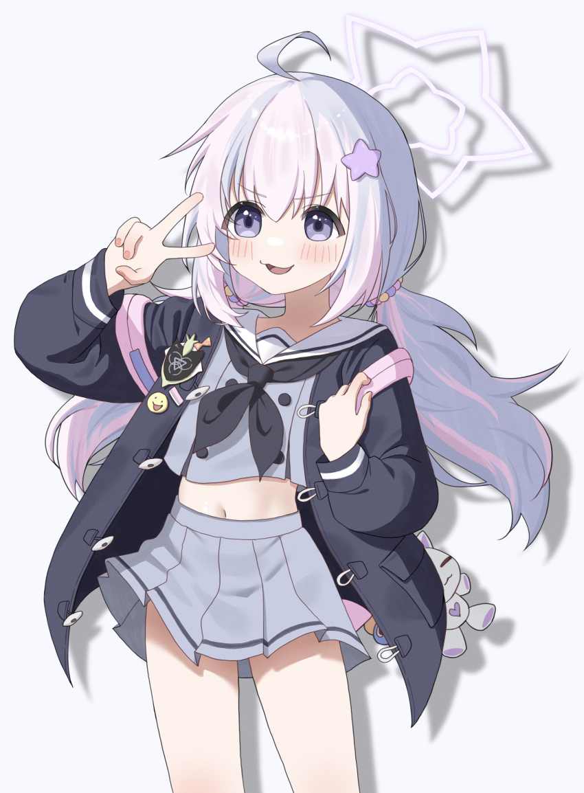 1girl :3 absurdres ahoge backpack bag beads black_jacket black_neckerchief blue_archive blue_hair blush buttons commentary cowboy_shot double-breasted drop_shadow eyes_visible_through_hair grey_background grey_serafuku grey_shirt grey_skirt hair_beads hair_between_eyes hair_ornament halo hand_up heart highres jacket long_hair long_sleeves looking_at_viewer low_twintails mang_722 midriff miniskirt multicolored_hair navel neckerchief open_clothes open_jacket open_mouth pink_hair pink_halo pleated_skirt purple_eyes reisa_(blue_archive) sailor_collar school_uniform serafuku shirt simple_background skirt smile smug solo star_(symbol) star_hair_ornament star_halo streaked_hair stuffed_animal stuffed_cat stuffed_toy tareme twintails two-tone_hair v v-shaped_eyebrows v_over_eye white_sailor_collar