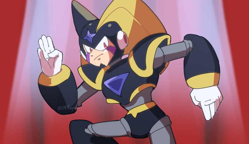 1boy armor bass_(mega_man) black_armor black_helmet chest_jewel dancing dragon_ball_z dragon_ball_z_kami_to_kami facial_mark forehead_jewel helmet highres male_focus mega_man_(classic) mega_man_(series) red_eyes shoulder_armor solo srnhuyuno upper_body