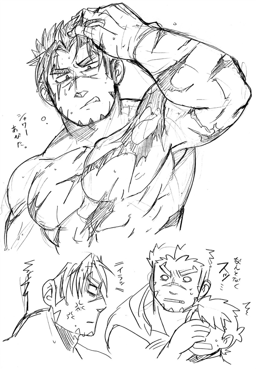 3boys abs akashi_(alter)_(live_a_hero) akashi_(live_a_hero) anger_vein bara covering_another&#039;s_eyes cropped_torso facial_hair frown fujishima_kazuya goatee greyscale highres large_pectorals live_a_hero long_sideburns looking_at_another love_triangle male_focus male_protagonist_(live_a_hero) monochrome multiple_boys muscular muscular_male nipples o_o pectorals scar scar_on_face scar_on_nose scars_all_over short_hair sideburns thick_eyebrows too_many scars_all_over yaoi