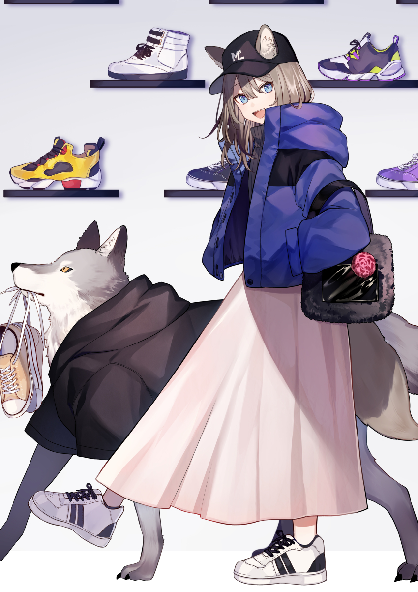1girl :d absurdres animal animal_ear_fluff animal_ears bag baseball_cap black_hat black_hoodie black_shoes black_sweater blue_eyes blue_jacket brown_hair brown_shoes clothed_animal commentary_request ears_through_headwear fangs female_focus flower hair_between_eyes hand_in_pocket hat highres hood hood_down hoodie jacket long_hair md5_mismatch mouth_hold open_clothes open_jacket open_mouth original pink_flower pink_skirt pleated_skirt purple_shoes reebok reebok_pump resolution_mismatch ribbed_sweater shoes shugao skirt smile sneakers solo source_smaller standing standing_on_one_leg sweater tail teeth upper_teeth_only white_shoes wolf_ears wolf_girl wolf_tail yellow_shoes