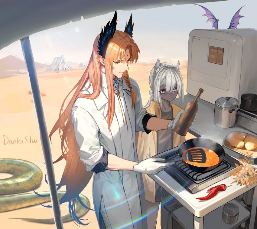 1boy 2girls animal_ears arknights arthropod_girl blue_eyes bottle camel_ears camel_girl chili_pepper closed_mouth cooking cup dankashu dark-skinned_female dark_skin desert forehead_jewel gloves grey_hair head_wings highres holding holding_bottle horns jacket long_hair long_sleeves manticore_(arknights) multiple_girls orange_hair passenger_(arknights) scorpion_girl shirt smile snake_tail spatula table tail tuye_(arknights) very_long_hair white_background white_gloves white_jacket white_shirt wings