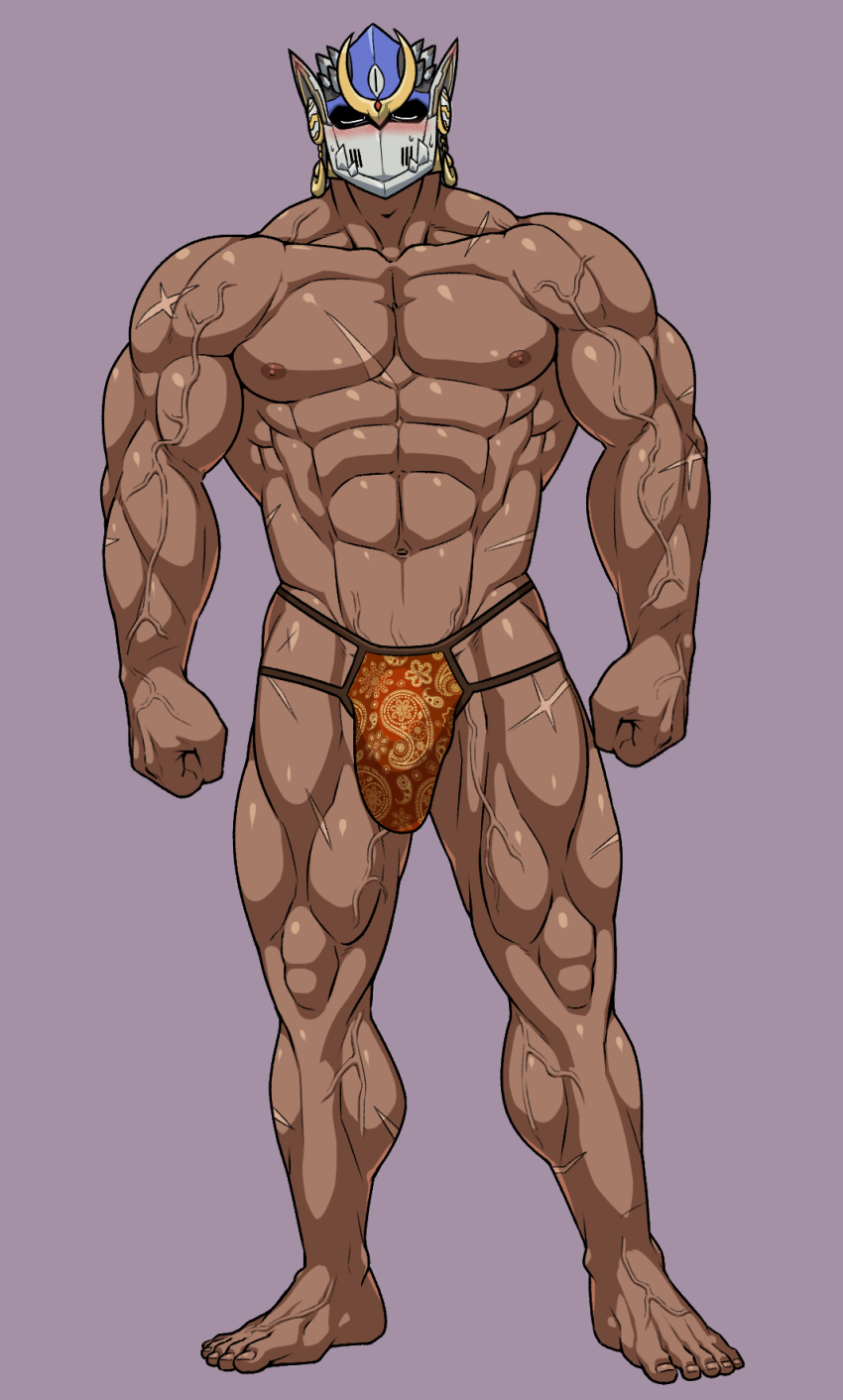 1boy abs arms_at_sides bara bare_legs barefoot blush bulge closed_eyes cross_scar dark-skinned_male dark_skin earrings edamamego full_body grey_background groin helmet highres jewelry large_bulge large_pectorals male_focus male_underwear muscular muscular_arms muscular_legs muscular_male navel nipples pectorals red_male_underwear scar scar_on_arm scar_on_chest scar_on_leg scar_on_stomach shiva_(housamo) simple_background solo standing thick_neck thighs tokyo_houkago_summoners topless_male underwear variant_set veins veiny_arms veiny_crotch veiny_feet veiny_hands veiny_legs