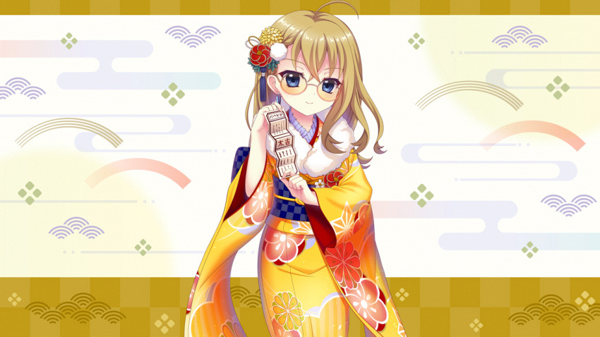 1girl ahoge blonde_hair blue_eyes closed_mouth cowboy_shot dot_nose earrings egasumi film_grain floral_print floral_print_kimono flower fur-trimmed_kimono fur_trim furisode furumi_chie game_cg glasses hair_flower hair_ornament holding_omikuji izumi_tsubasu japanese_clothes jewelry kimono long_hair looking_at_viewer new_year non-web_source obi official_art omikuji orange-tinted_eyewear print_kimono re:stage! red_flower round_eyewear sash seigaiha smile solo tinted_eyewear yellow_flower yellow_kimono
