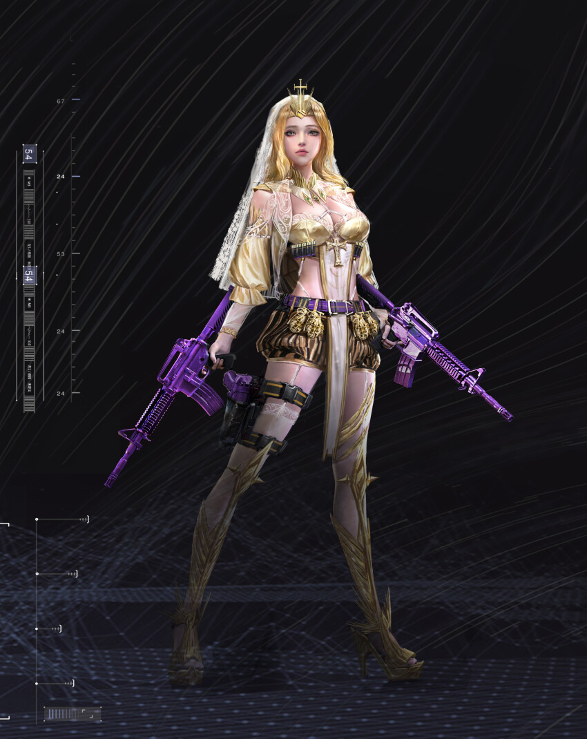 1girl absurdres armor armored_boots assault_rifle belt belt_buckle bikini black_background black_belt black_shorts blonde_hair boots breasts buckle circlet cleavage closed_mouth collar commentary criss-cross_halter detached_collar detached_sleeves dual_wielding english_commentary expressionless eyeshadow frilled_sleeves frills full_body gao_sheng gold_armor gold_necklace grey_eyes grey_eyeshadow gun halterneck height_chart highleg highleg_bikini highres holding holding_gun holding_weapon jewelry knee_boots knee_pads lace lace-trimmed_bikini lace-trimmed_thighhighs lace_trim large_breasts lipstick long_hair looking_at_viewer magazine_(weapon) makeup midriff necklace original parted_bangs pink_lips puffy_short_sleeves puffy_shorts puffy_sleeves purple_belt realistic ribbed_thighhighs rifle short_sleeves shorts solo standing striped_belt swimsuit tabard thick_eyebrows thigh_belt thigh_strap thighhighs vest weapon white_collar white_tabard white_thighhighs white_vest yellow_bikini yellow_boots yellow_sleeves