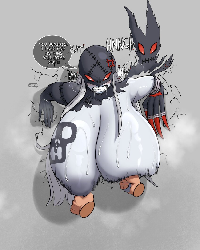 1boy 1girl breast_tattoo breasts colored_sclera colored_skin crack cracked_wall digimon drooling english_text grabbing_another&#039;s_breast grey_background grey_skin groping hanging_breasts highres horndog huge_breasts ladydevimon large_areolae large_nipples nipple_stimulation nipples red_sclera shiny_skin sweat tattoo through_wall torn_clothes