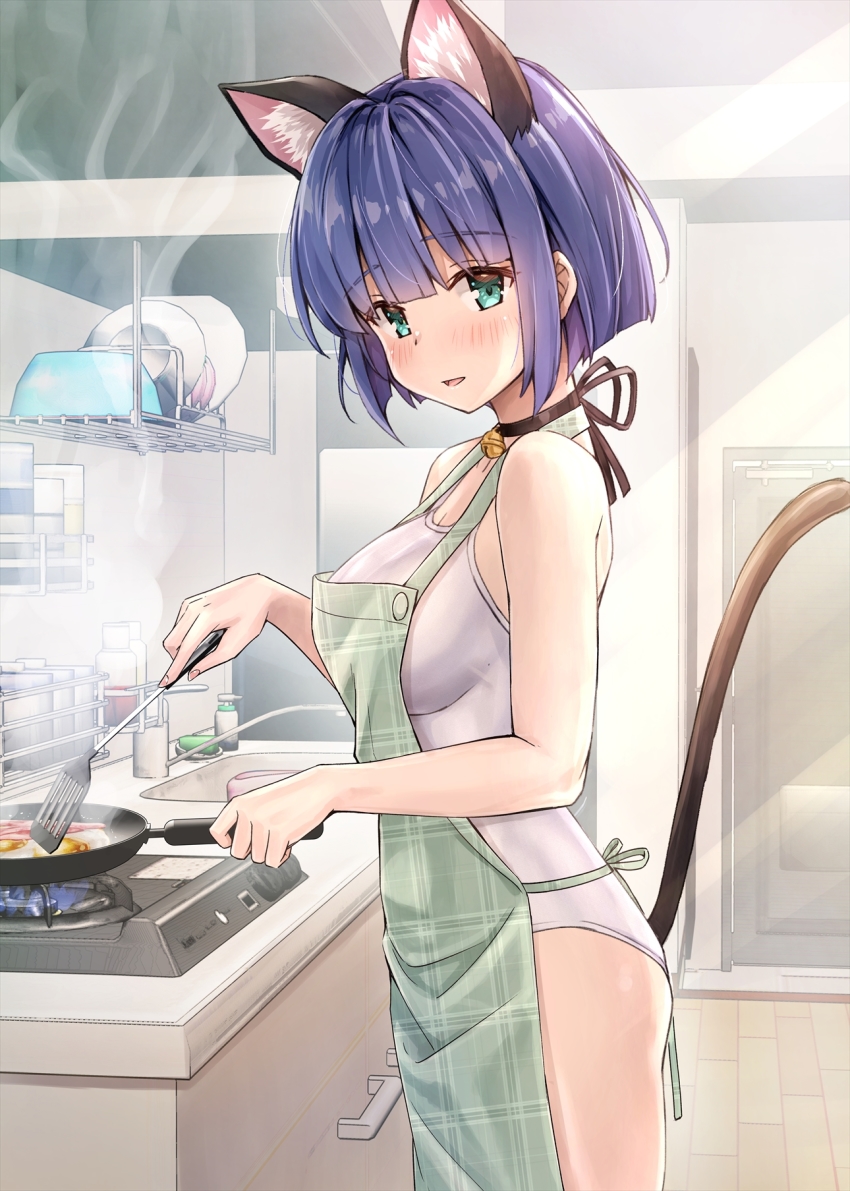 1girl animal_ears apron bare_shoulders blush breasts cat_ears cat_tail cooking highres indoors izumi_hina_(neet_kunoichi) koyuki_(kotatsu358) light_smile looking_at_viewer neet_de_otaku_na_kunoichi_to_naze_ka_dousei_hajimemashita one-piece_swimsuit paid_reward_available purple_hair short_hair solo spatula swimsuit tail white_one-piece_swimsuit