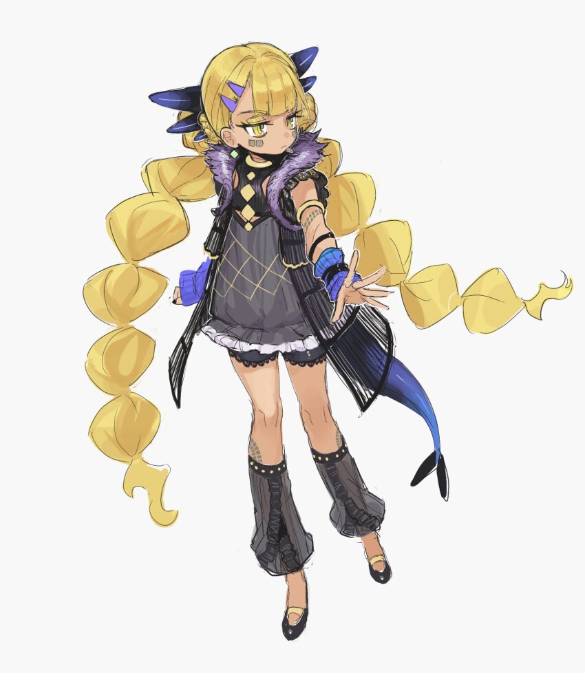 1girl aged_down belt black_shirt black_shorts blonde_hair blue_arm_warmers body_markings braid braided_twintails clothing_cutout dark-skinned_female dark_skin dragon_girl dragon_horns dragon_tail earrings facial_mark fate/grand_order fate_(series) full_body gold_armlet hair_ornament hairclip highres horns jewelry lace-trimmed_shorts lace_trim leg_warmers long_hair outstretched_arm shirt shoes shorts side_labret_piercing solo standing tail takustorage vritra_(fate) yellow_eyes