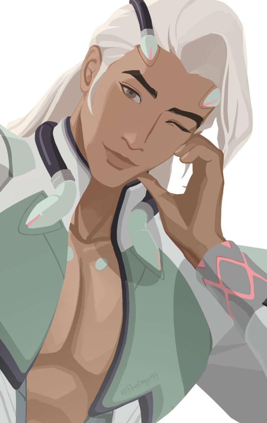 1boy arm_up bare_pectorals brown_eyes closed_mouth collared_shirt commentary_request dark-skinned_male dark_skin dutch_angle floatinge99 hand_on_own_face highres korean_commentary lifeweaver_(overwatch) long_hair long_sleeves looking_at_viewer male_focus one_eye_closed open_clothes open_shirt overwatch overwatch_2 pectorals popped_collar shirt sleeve_cuffs solo upper_body white_hair