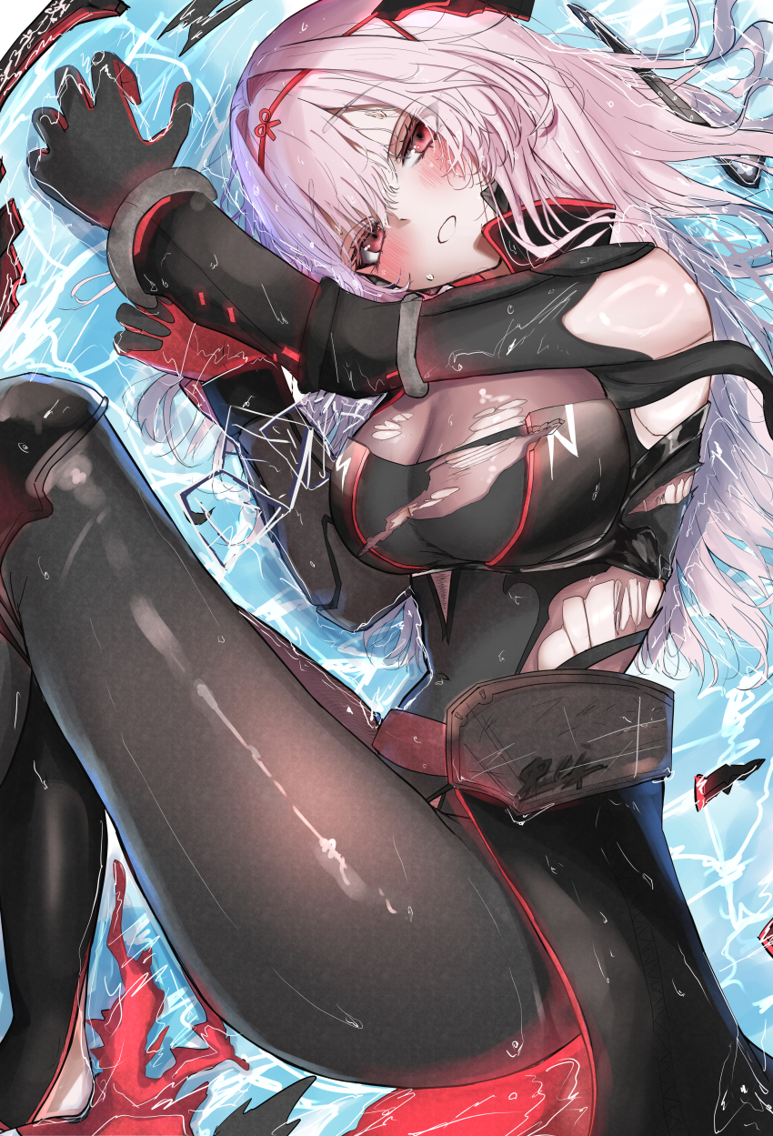 1girl absurdres armor belt black_armor black_pantyhose blush bodysuit breasts building covered_navel gauntlets gluteal_fold goddess_of_victory:_nikke grin hair_ribbon hairband highres holding holding_sword holding_weapon iwazaki large_breasts long_hair looking_at_viewer looking_to_the_side medium_breasts microphone official_alternate_costume outdoors pantyhose pink_hair purple_hair red_eyes red_ribbon ribbon road scarlet_(black_shadow)_(nikke) scarlet_(nikke) sheath shy smile solo street sword weapon white_background white_hair