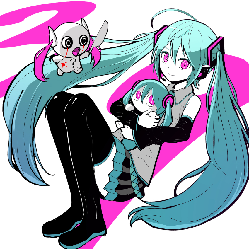 3girls ? aimaina aqua_hair black_shoes black_skirt black_sleeves blood boots closed_mouth collared_shirt colored_skin detached_sleeves doushite-chan full_body grey_shirt hair_between_eyes hashtag-only_commentary hatsune_miku headset highres holding holding_knife knife long_hair long_sleeves miku_day multiple_girls no_mouth open_mouth pink_eyes pink_hair pinocchio-p pleated_skirt shirt shoes skirt sleeveless sleeveless_shirt smile solo thigh_boots twintails very_long_hair vocaloid white_background white_skin