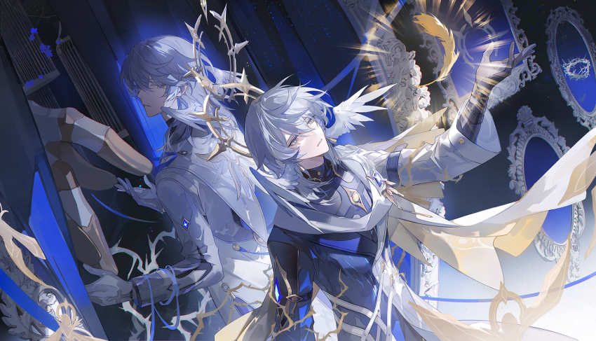 1boy arm_strap birdcage blue_coat blue_shirt brooch cage chinese_commentary coat commentary_request dual_persona entangled falling_feathers feathered_wings feathers giant_hand gloves glowing gold_trim grey_hair hair_between_eyes halo halo_behind_head head_wings highres honkai:_star_rail honkai_(series) jewelry lieshang773 light_particles long_sleeves looking_at_another looking_back male_focus medium_hair mirror multicolored_coat multiple_views parted_lips piercing plant restrained scarf shirt sidelocks sunday_(honkai:_star_rail) turtleneck turtleneck_shirt vines white_coat white_gloves white_scarf white_wings wing_piercing wings yellow_eyes yellow_halo