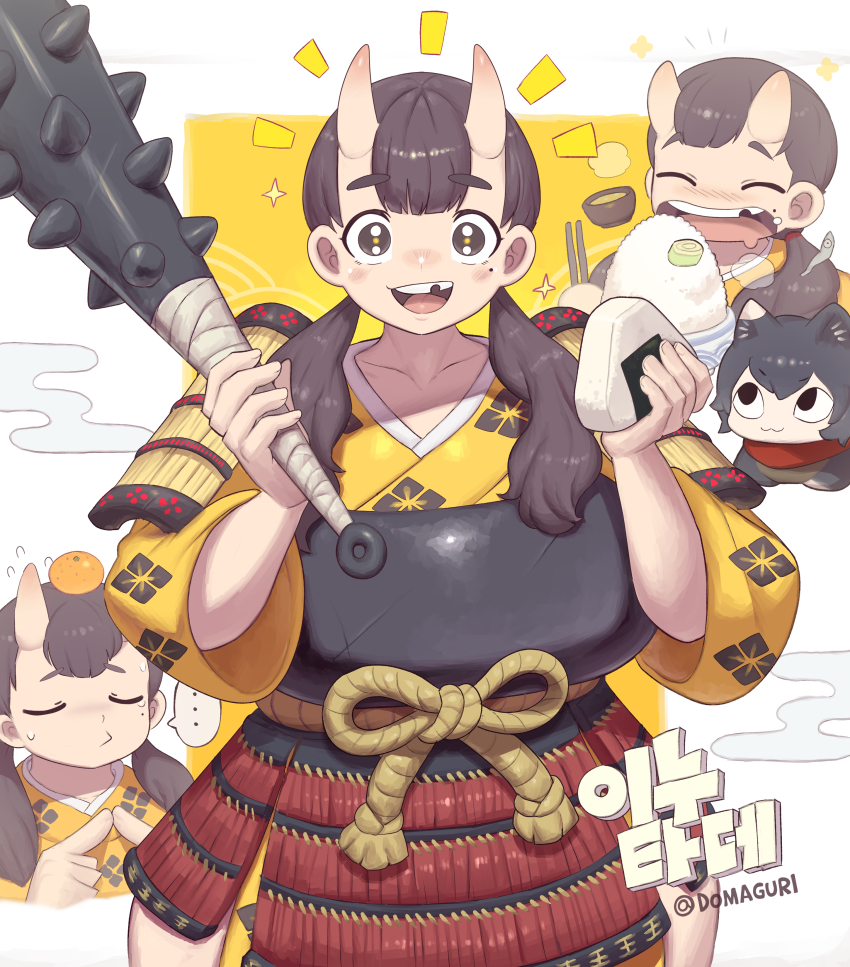 2girls :3 absurdres animal_ears armor black_hair bowl breasts brown_eyes cat_ears chibi chipped_tooth chopsticks club club_(weapon) commentary_request cup curvy domaguri dungeon_meshi eating food highres holding holding_cup horns huge_breasts index_fingers_together inutade izutsumi japanese_armor japanese_clothes korean_commentary low_twintails mandarin_collar mole mole_under_eye multiple_girls muneate oni onigiri open_mouth puckered_lips red_scarf rice_bowl scarf skin-covered_horns smile spiked_club sweatdrop twintails weapon wide_hips