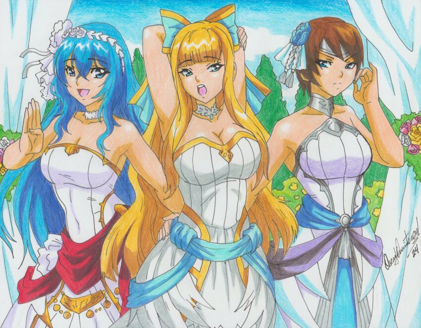 2024 3girls bare_shoulders blonde_hair blue_hair breasts bride bride_(fire_emblem) brown_hair caeda_(talys&#039;s_bride)_(fire_emblem) caeda_(fire_emblem) charlotte_(money_maiden)_(fire_emblem) charlotte_(fire_emblem) dress fire_emblem fire_emblem:_path_of_radiance fire_emblem:_shadow_dragon fire_emblem_fates fire_emblem_heroes highres large_breasts long_hair multiple_girls nintendo ravernclouk_design short_hair sleeveless tanith_(bridal)_(fire_emblem) tanith_(fire_emblem) traditional_media tree very_long_hair wedding_dress