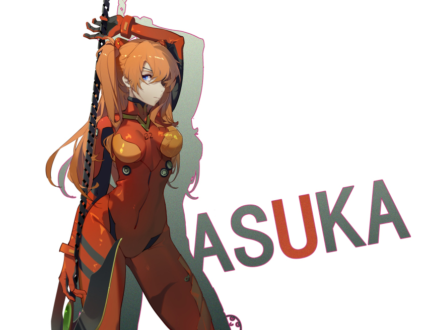 1girl absurdres arm_over_head arm_up blue_eyes bodysuit breasts character_name closed_mouth commentary evangelion:_3.0_you_can_(not)_redo eyepatch feet_out_of_frame gloves hair_between_eyes headgear highres holding holding_polearm holding_weapon interface_headset_(evangelion) lamser long_hair looking_at_viewer mecha_pilot_suit medium_breasts neon_genesis_evangelion one_eye_covered orange_hair plugsuit_(evangelion) polearm rebuild_of_evangelion red_bodysuit red_gloves romaji_text science_fiction shadow simple_background skin_tight solo souryuu_asuka_langley spear spear_of_cassius standing twintails weapon white_background