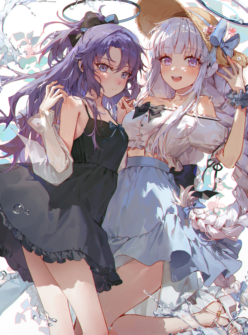 2girls absurdres alternate_costume arm_scrunchie arms_up bare_arms bare_legs bare_shoulders black_bow black_dress black_ribbon blue_archive blue_bow blue_eyes blue_scrunchie blue_skirt blunt_bangs blush bow braid buttons cardigan closed_mouth collarbone commentary_request crop_top dress dress_bow embarrassed feet_out_of_frame feet_up floating_hair floral_background flower frilled_dress frilled_shirt frilled_skirt frilled_sleeves frills from_side hair_between_eyes hair_bow hair_flaps hair_intakes hair_over_one_eye hair_over_shoulder half-shirt halo hand_on_headwear hands_up hat hat_bow hat_flower head_tilt high_heel_sandals high_heels highres holding holding_hands knee_up legs long_hair looking_at_viewer messy_hair midriff midriff_peek multiple_girls noa_(blue_archive) off-shoulder_shirt off_shoulder one_side_up open_mouth parted_bangs pink_flower puffy_short_sleeves puffy_sleeves purple_eyes purple_hair ribbon ribbon-trimmed_collar ribbon-trimmed_sleeves ribbon_trim sandals scrunchie see-through_cardigan see-through_clothes shirt short_sleeves sidelocks simple_background skirt smile straw_hat sun_hat sundress teeth thighs twin_braids twintails upper_teeth_only very_long_hair water water_drop white_background white_cardigan white_footwear white_hair white_shirt ye_jji yuuka_(blue_archive)