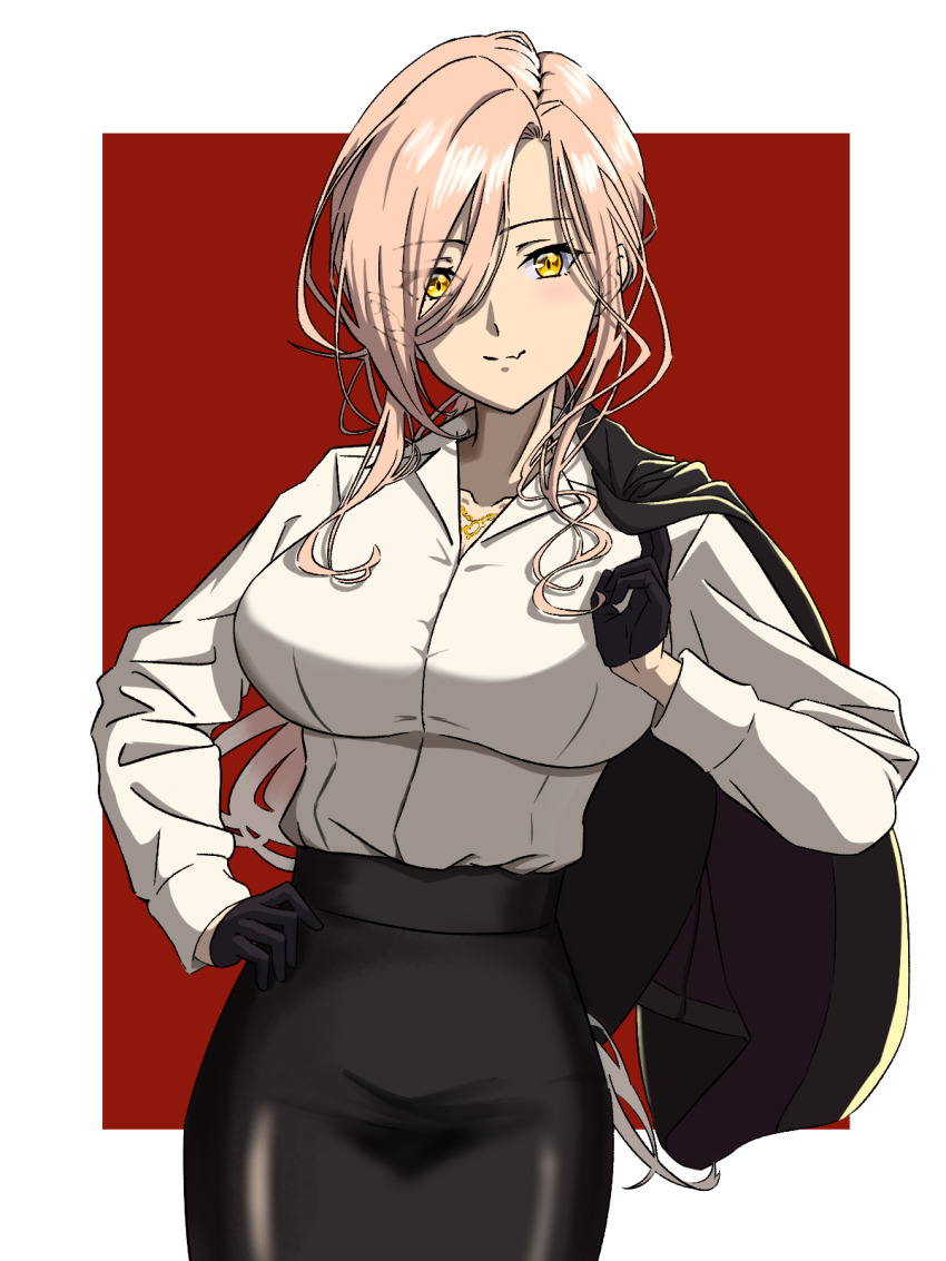 1girl benjamin_(user_cajx4852) black_gloves black_skirt blonde_hair border breasts collared_shirt formal_clothes gloves hair_between_eyes highres jacket large_breasts looking_at_viewer nijisanji nui_sociere nui_sociere_(9th_costume) red_background shirt simple_background skirt solo suit unworn_jacket virtual_youtuber white_border white_shirt yellow_eyes