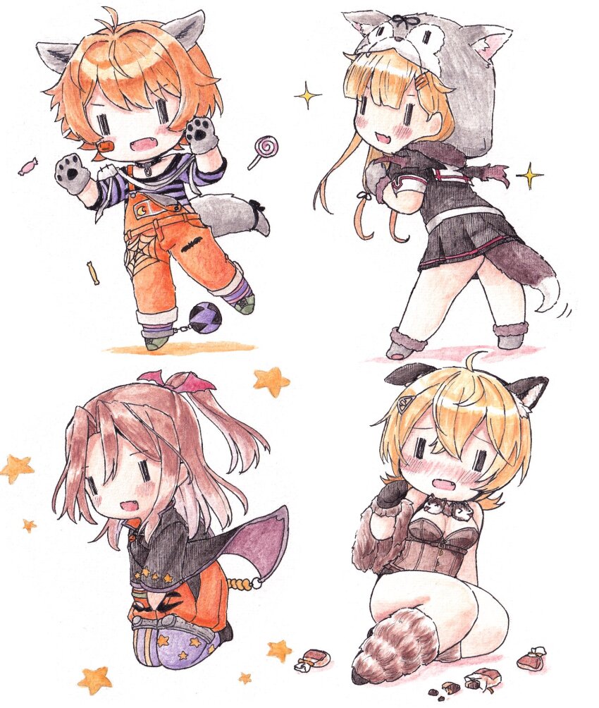 4girls animal_ears animal_hands animal_hood black_cape blonde_hair blush breasts brown_hair candy cape chibi cleavage food gloves hair_ornament hairclip halloween_costume highres hood kantai_collection long_hair medium_breasts multiple_girls nose_blush oboro_(halloween)_(kancolle) oboro_(kancolle) open_mouth orange_hair paw_gloves poipoi_purin sailor_collar school_uniform serafuku shirt short_hair simple_background sitting skirt sparkle standing star_(symbol) striped_clothes striped_shirt tail tuscaloosa_(halloween)_(kancolle) tuscaloosa_(kancolle) white_background yuudachi_(halloween)_(kancolle) yuudachi_(kancolle) zuihou_(halloween)_(kancolle) zuihou_(halloween_mode)_(kancolle) zuihou_(kancolle)