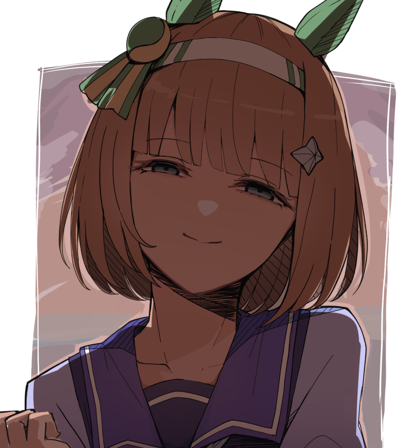 1girl alternate_hair_length alternate_hairstyle animal_ears blue_eyes blunt_bangs brown_hair closed_mouth hairband hand_up highres horse_ears horse_girl kawamochi_(tddm3573) looking_at_viewer purple_sailor_collar purple_shirt sailor_collar school_uniform shirt short_hair silence_suzuka_(umamusume) smile solo tracen_school_uniform umamusume white_hairband