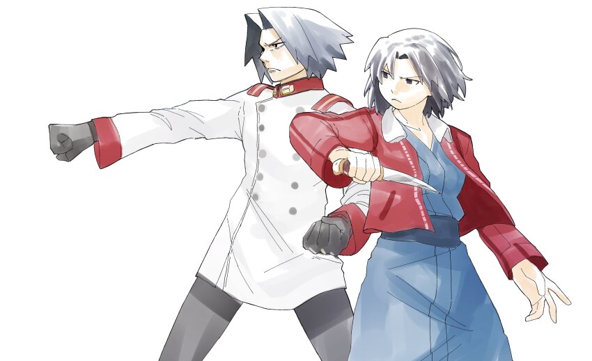 1boy 1girl absurdres akatsuki_(akatsuki_en-eins) akatsuki_blitzkampf beffen_m black_hair blue_dress clenched_hand crossover dagger dress highres holding holding_dagger holding_knife holding_weapon jacket knife melty_blood military_uniform parted_bangs red_jacket ryougi_shiki tsukihime weapon white_background