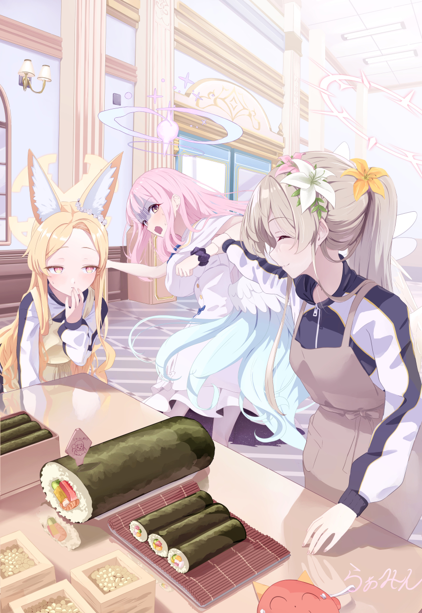 absurdres alternate_costume alternate_hairstyle animal_ear_fluff animal_ears apron beans bent_over blonde_hair blue_archive blue_jacket blue_track_suit blush brown_apron capelet closed_eyes colored_sclera cooking false_smile feathered_wings flower food forehead fox_ears fox_girl hair_between_eyes hair_flower hair_ornament hand_on_table hand_to_own_mouth highres holding_another&#039;s_arm jacket la_la_la_rarmin long_hair looking_at_another makizushi mika_(blue_archive) nagisa_(blue_archive) open_mouth orange_flower pantyhose pink_eyes pink_flower pink_hair ponytail purple_sclera scrunchie seia_(blue_archive) shaded_face sidelocks smile sushi sweatdrop tea_party_(blue_archive) track_suit white_capelet white_flower white_pantyhose wings wrist_scrunchie yellow_apron yellow_eyes