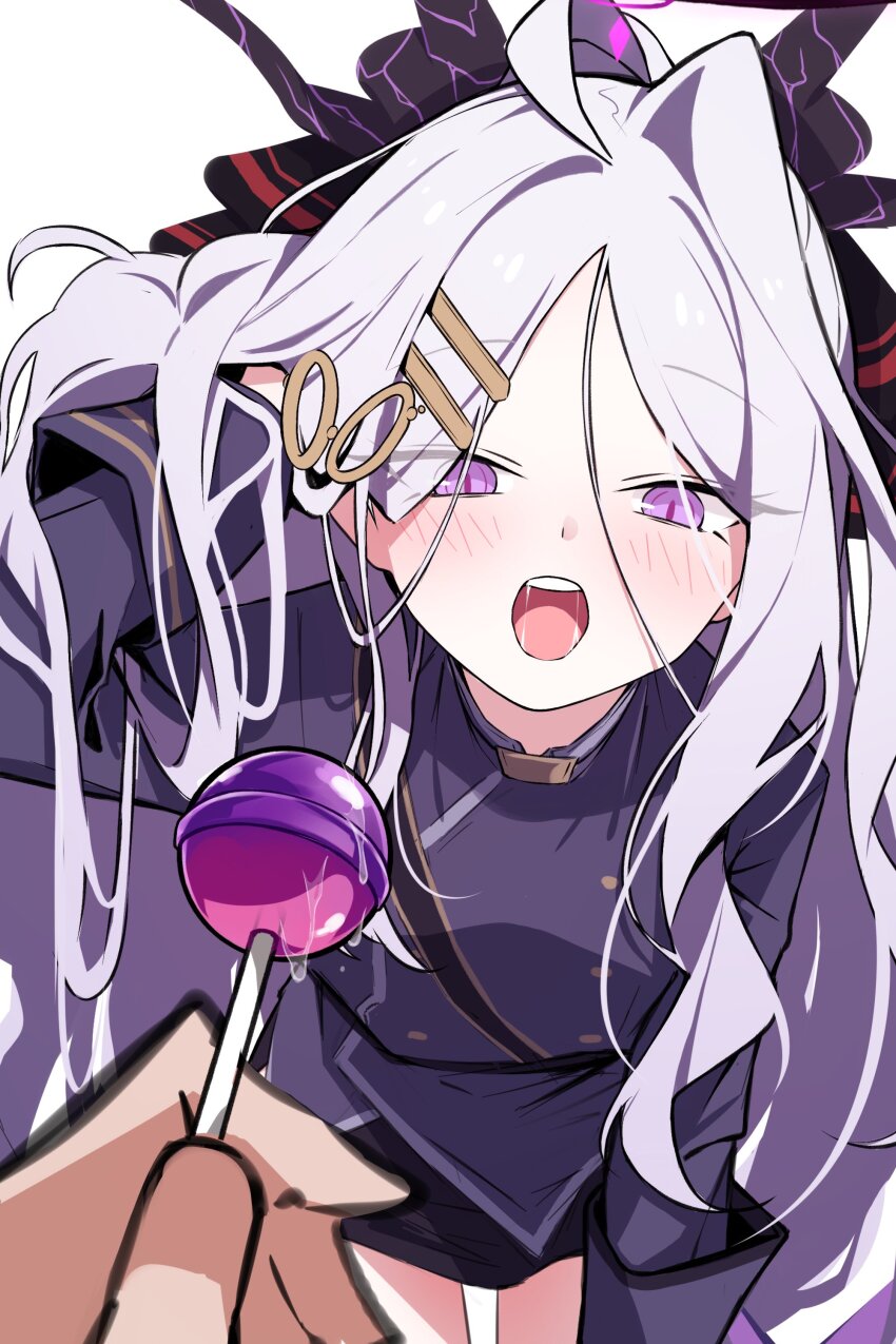 1girl absurdres ahoge black_coat black_halo black_skirt blue_archive blush coat coat_on_shoulders demon_girl demon_horns halo highres hina_(blue_archive) horns long_hair looking_at_viewer mmhomm open_mouth purple_eyes skirt solo_focus white_hair