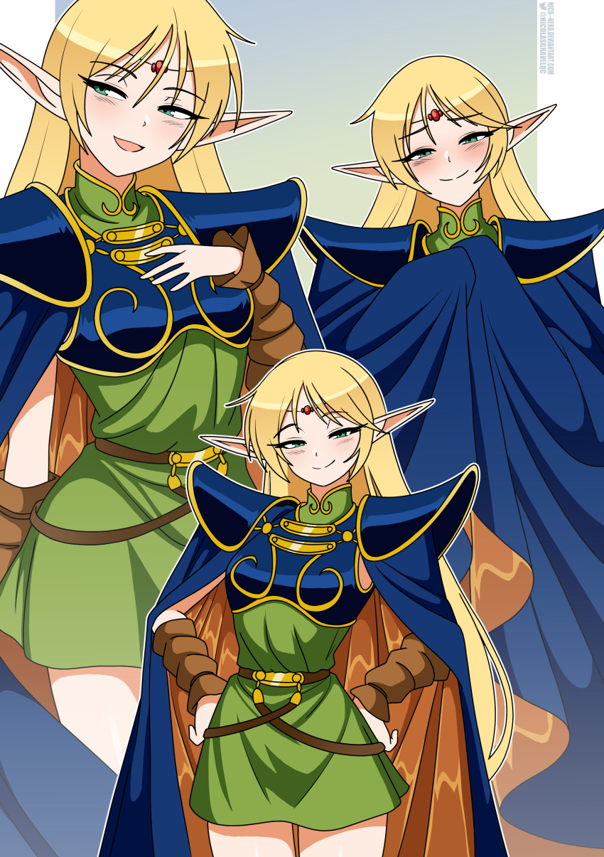 1girl absurdres armor blonde_hair blue_cape breastplate breasts cape closed_mouth commentary deedlit dress elf english_commentary fantasy gem green_dress green_eyes hands_on_own_hips highres long_hair medium_breasts multiple_views nico-neko open_mouth pointy_ears record_of_lodoss_war red_gemstone shoulder_armor simple_background smile thighs twitter_username