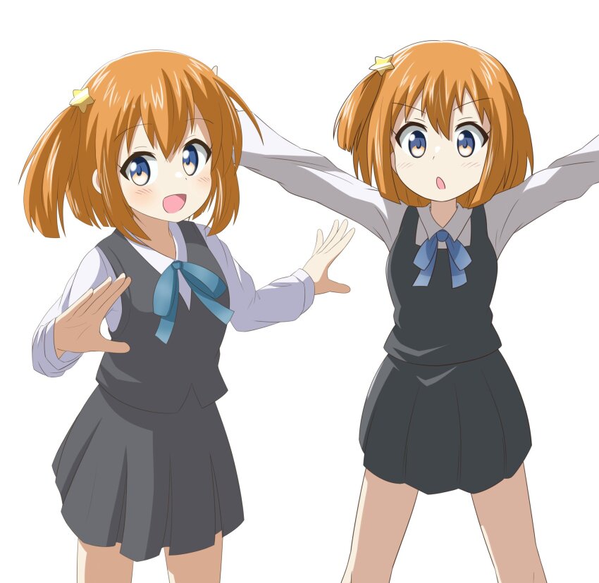 1girl alternate_costume blush dot_nose feet_out_of_frame female_focus hair_between_eyes hair_ornament highres koisuru_asteroid konohata_mira legs long_sleeves looking_at_viewer multicolored_eyes nanog_eb1994 orange_hair shiny_skin shirt short_hair simple_background skirt solo standing star_(symbol) star_hair_ornament white_background white_shirt