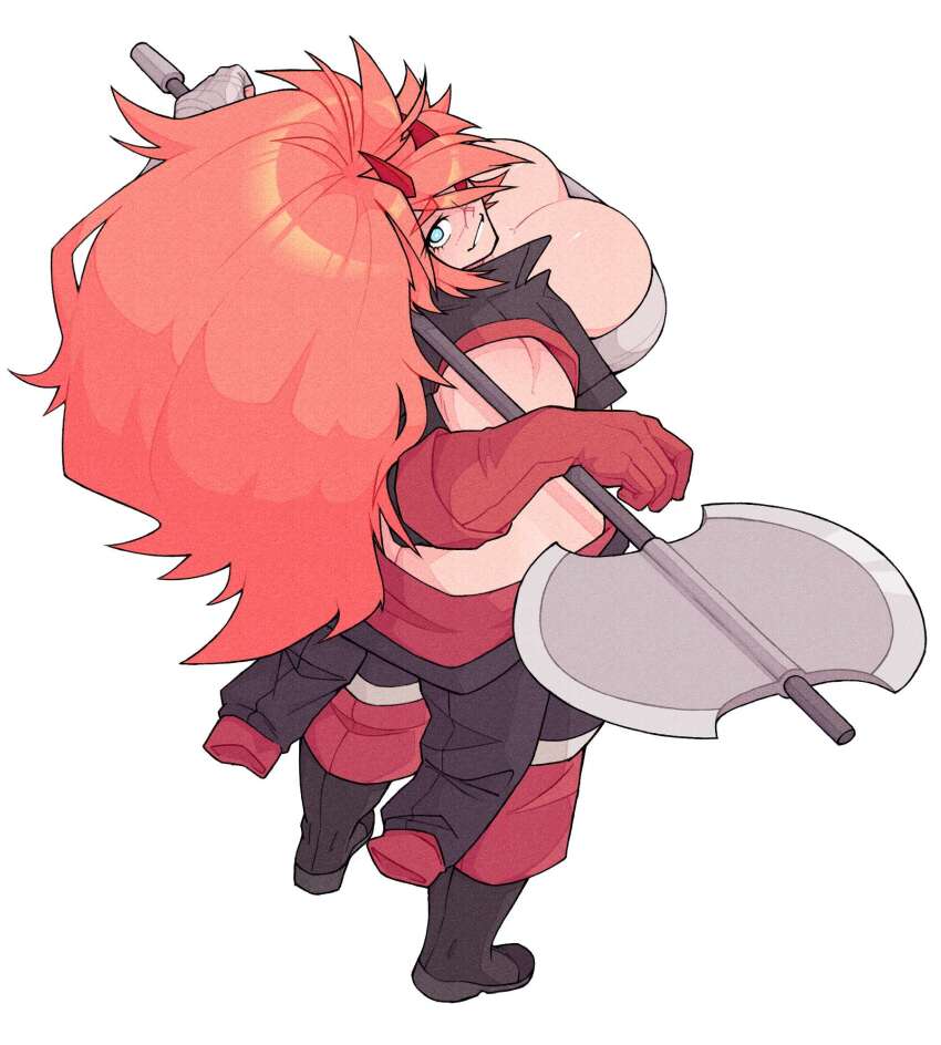 1girl ass axe bandaged_hand bandages battle_axe breasts chest_sarashi cleavage elbow_gloves from_above gloves highres holding holding_axe horns huge_breasts long_hair looking_at_viewer muscular muscular_female orange_hair original ponytail red_gloves sarashi second-party_source single_elbow_glove smile solo standing weapon zess_(zesty_jesus)