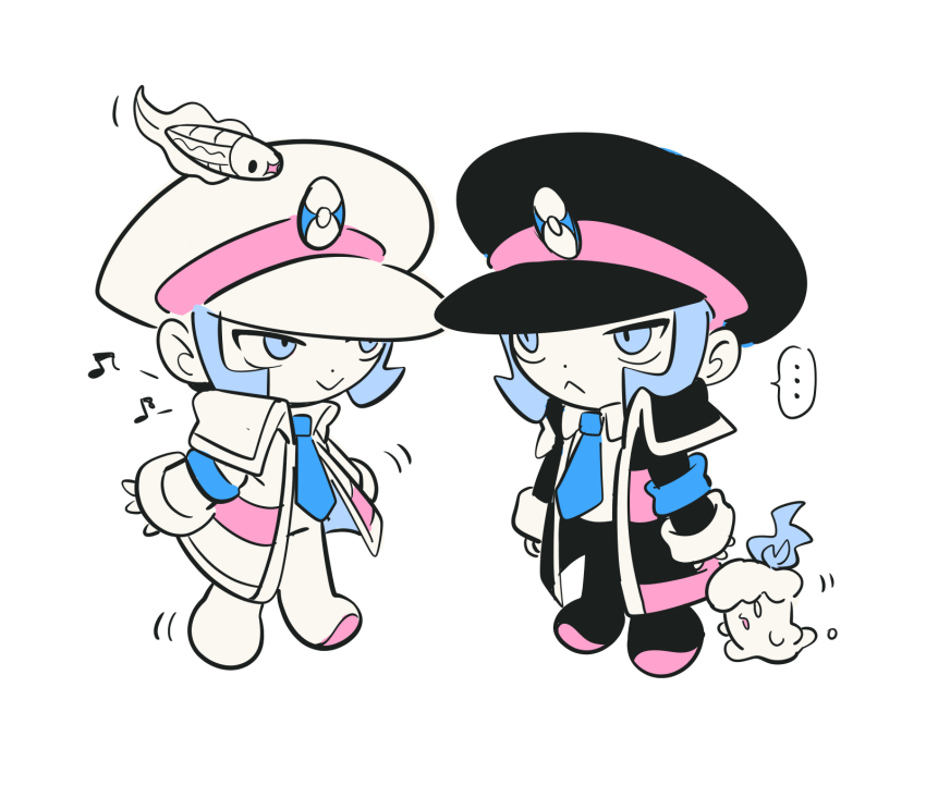... 2boys :&gt; :&lt; armband black_coat black_footwear black_hat black_pants blue_armband blue_necktie brothers chibi closed_mouth coat collared_shirt commentary_request emmet_(pokemon) gen_5_pokemon gogeyama grey_hair hat highres ingo_(pokemon) litwick long_sleeves male_focus multiple_boys musical_note necktie nintendo open_clothes open_coat pants pokemon pokemon_(creature) pokemon_bw shirt shoes short_hair siblings sideburns smile spoken_ellipsis standing striped_coat tynamo white_coat white_footwear white_hat white_pants white_shirt