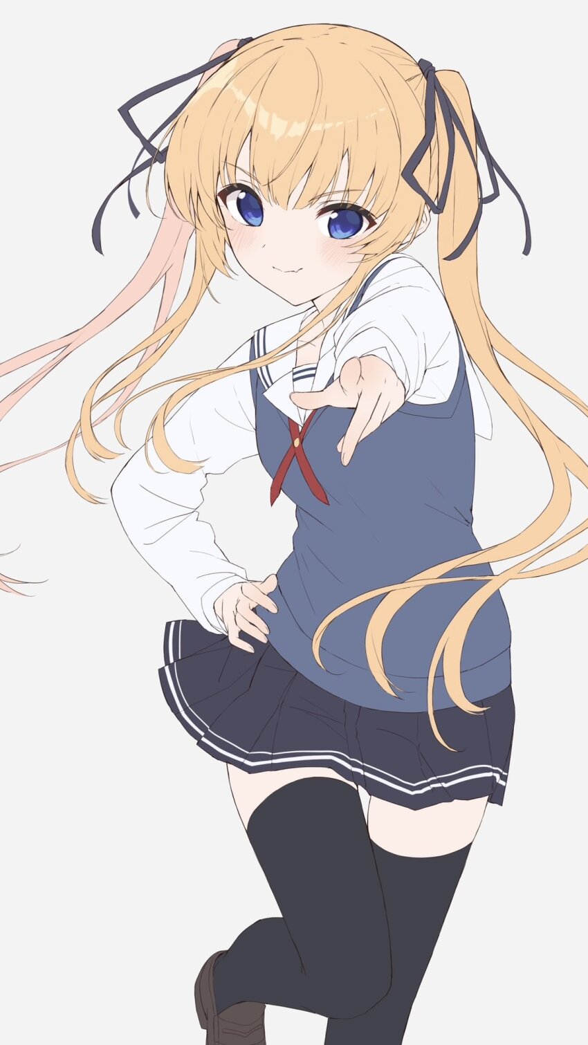 1girl black_ribbon black_skirt black_thighhighs blonde_hair blue_eyes blue_sweater_vest blush breasts brown_shoes closed_mouth commentary double_horizontal_stripe fang fang_out hair_ribbon hand_on_own_hip highres index_finger_raised leg_up loafers long_hair miniskirt pleated_skirt pointing pointing_at_viewer ribbon saenai_heroine_no_sodatekata sailor_collar sawamura_spencer_eriri school_uniform serafuku shirt shoes sidelocks skin_fang skirt small_breasts smile solo standing standing_on_one_leg sweater_vest thighhighs twintails v-shaped_eyebrows very_long_hair white_sailor_collar white_shirt yanagi_marie zettai_ryouiki