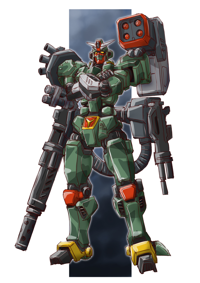 ammunition_chute chain_gun command_gundam crossed_arms gundam highres mecha missile_pod mobile_suit robot science_fiction sd_command_chronicles sd_gundam solo standing taiga_hiroyuki v-fin yellow_eyes