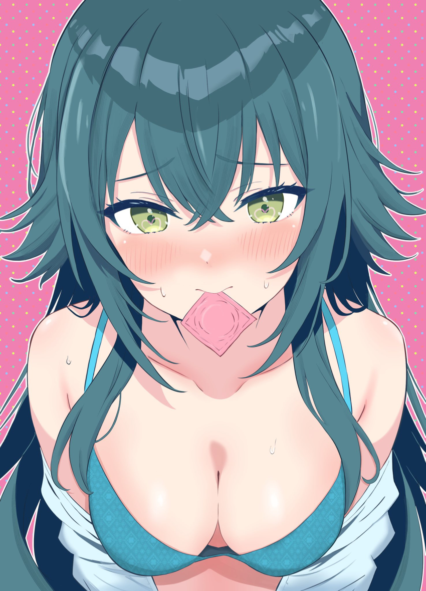 bare_shoulders blue_bra blush bra breasts cleavage clothes_down comiket_106 condom condom_in_mouth condom_wrapper crossed_bangs gakuen_idolmaster green_eyes green_hair hair_between_eyes highres idolmaster long_hair looking_at_viewer mouth_hold nose_blush ocha_(wnyf3738) pink_background polka_dot polka_dot_background sweat tsukimura_temari underwear