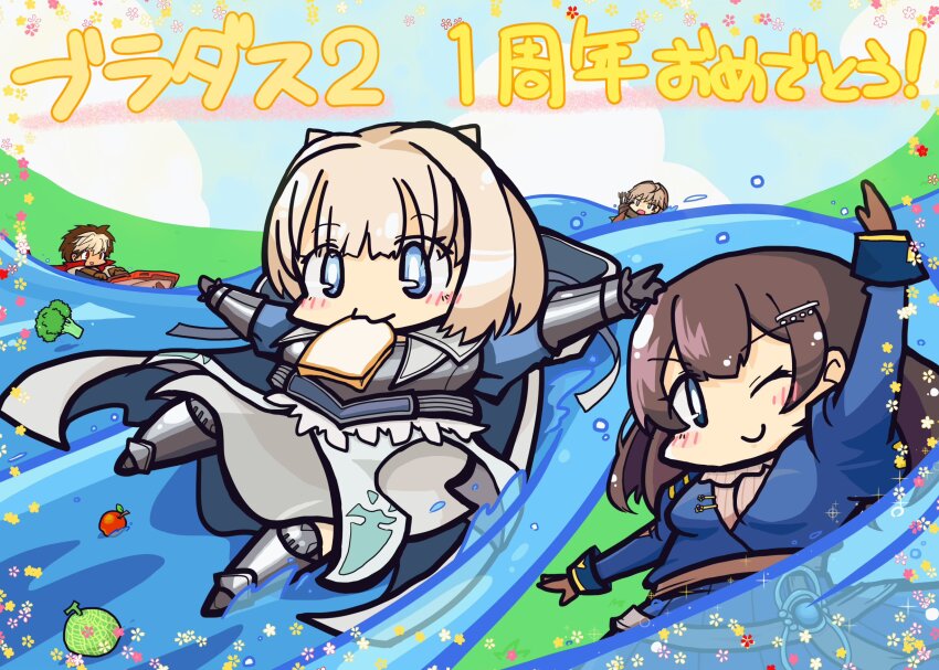 2boys 2girls :3 ahoge apple armor black_gloves black_hair blonde_hair blue_cape blue_dress blue_eyes blush_stickers bread bread_slice breasts broccoli brown_dust_(series) brown_dust_2 brown_gloves brown_hair cape chest_armor chibi closed_mouth demon_horns dress flower food food_in_mouth fruit full_body gloves gray_(brown_dust) greaves hair_between_eyes hair_ornament hairclip highres holding holding_surfboard horns hydrokinesis in_water justia_(brown_dust) justia_(white_reaper)_(brown_dust) lathel_(brown_dust) looking_at_viewer medium_breasts melon mo_na_ka mouth_hold multicolored_hair multiple_boys multiple_girls one_eye_closed open_mouth outstretched_arms quiver red_cape red_eyes river scheherazade_(brown_dust) scheherazade_(the_lapis_witch)_(brown_dust) small_breasts small_horns smile spread_arms surfboard swimming toast toast_in_mouth two-tone_hair vambraces water white_hair