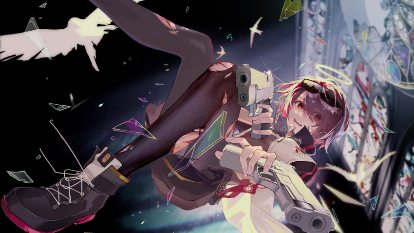 1girl ankle_boots arknights black_boots black_pantyhose blood boots broken_glass chinese_commentary commentary commentary_request crystal_shards cuts dual_wielding dynamic_pose english_commentary exusiai_(arknights) eyes_visible_through_hair eyewear_on_head fingernails floating foot_out_of_frame glass glint gun hair_over_one_eye halo highres holding holding_gun holding_weapon injury jacket light_particles looking_at_viewer mixed-language_commentary open_mouth orange_eyes pantyhose penguin_logistics_logo pink_hair short_hair smile solo sunglasses thewintermarket torn_clothes torn_pantyhose traditional_halo weapon white_jacket yellow_halo zipper