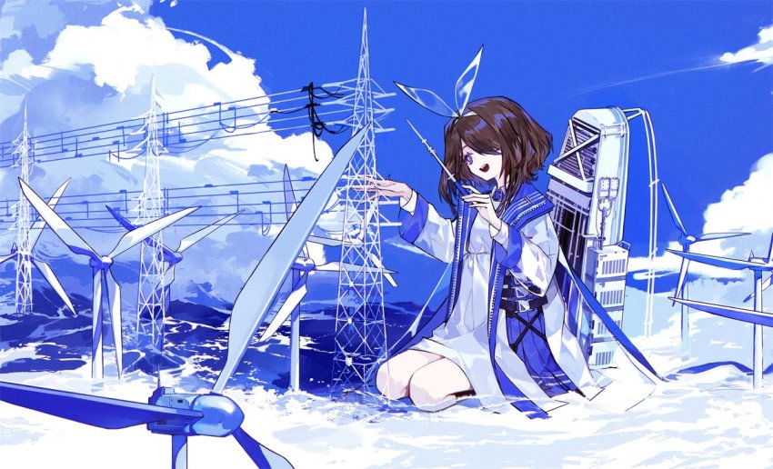 1girl :d above_clouds conductor_baton blue_eyes blue_sky blue_theme bow brown_hair building cloud commentary conductor day dress flood giant giantess hair_bow hair_over_one_eye hairband hands_up head_tilt holding jacket long_sleeves looking_away mo_(mocopo) musical_note ocean on_ground one_eye_covered open_mouth original outdoors power_lines see-through_clothes see-through_sleeves seiza shallow_water short_dress short_hair sitting sky smile solo musical_staff surreal symbol-only_commentary transparent_bow unzipped utility_pole water white_dress white_jacket wind_turbine windmill